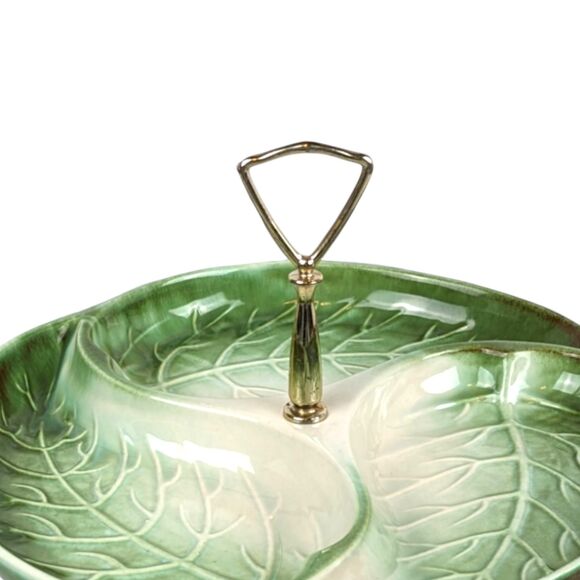 Vintage Royal Haeger Leaf Serving Tray: Green Ceramic, Gold Handle - Picture 6 of 7